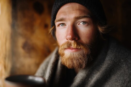 Man wrapped in wool blanket sitting inside rustic cabin holding mug. Close-up portrait. Warm atmosphere