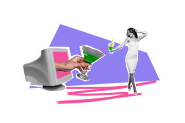 Composite photo collage of happy girl hold cocktail glass toast hand peek monitor screen alcohol party aim isolated on painted background