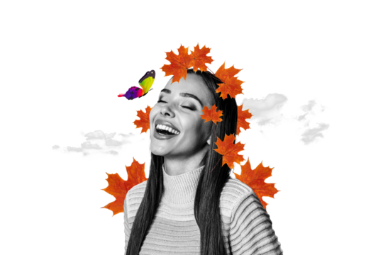 Composite photo collage of happy girl maple leaves butterfly insect bug season autumn park walk foliage isolated on painted background