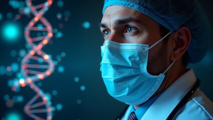 a focused doctor staring intently with a DNA model, highlighting the intersection of medicine and genetic research
