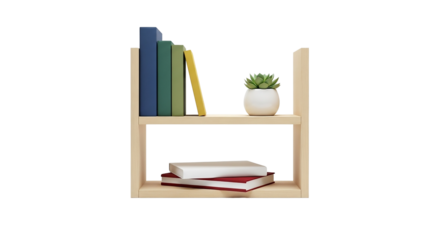 Bookshelf with books and plant isolated on transparent background