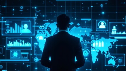 A man facing a world map in a high-tech interface