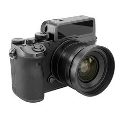 Black digital camera with large lens isolated on transparent background