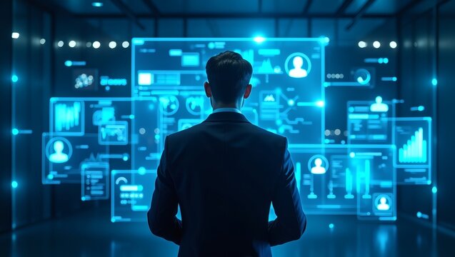 A man looking at futuristic technological data screens. The image conveys an atmosphere of innovation and modern technology.