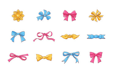 Set of various colorful shiny anime kawaii bows, natural looking hand-drawn line art, editable