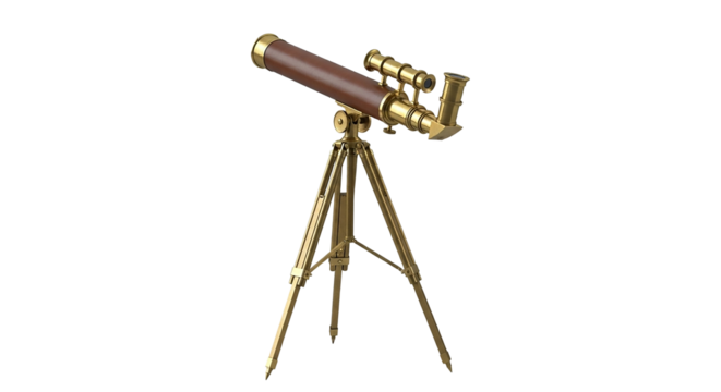 Antique brass telescope with a brown leather finish isolated on transparent background