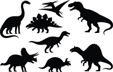 Dinosaur silhouette vector, prehistoric animal icons, black dino shapes, extinct species illustration, Jurassic creatures, educational graphic, fossil era design, white background