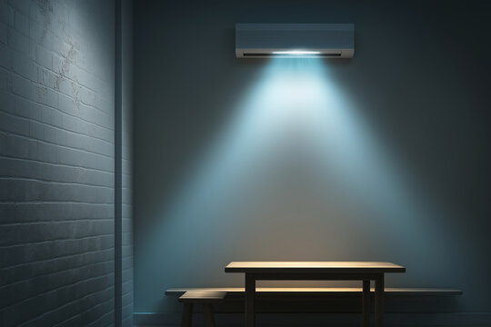 Compact wall-mounted split-system unit on wall in small, inviting dining area with diffused blue light indicating cooling effect - Powered by Adobe