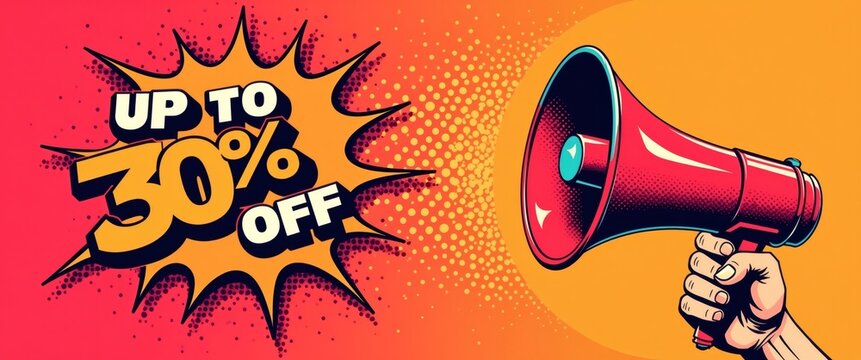 promotion banner with text up to 30% off and a megaphone, suitable for advertising