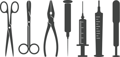 Medical instruments silhouette vector, surgical tools illustration, syringe and spatula icons, healthcare equipment set, hospital supplies graphic, black isolated shapes, editable design