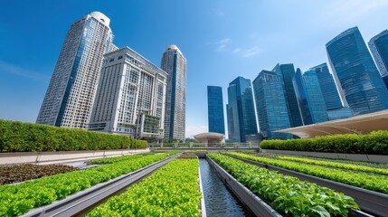 A vibrant urban garden with lush greenery contrasts against the modern skyline of tall skyscrapers under a clear blue sky.