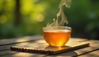 Steaming hot amber tea in a glass cup rests on a bamboo mat on a rustic wooden table, inviting warmth and serenity amidst a lush green natural backdrop.