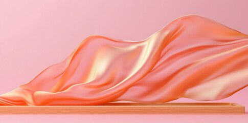 Elegant draped fabric flowing gracefully over a wooden surface, creating a soft and luxurious texture with a gentle wave pattern, evoking a sense of movement