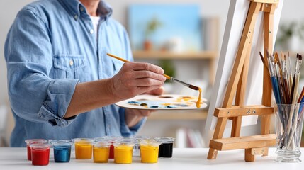 A person painting on a canvas, holding a brush and palette filled with vibrant colors, showcasing a creative art session.