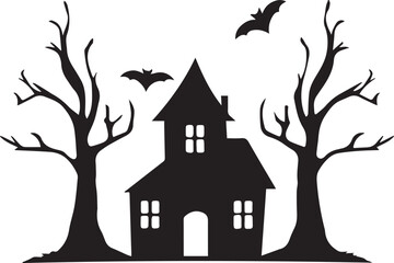 Haunted house silhouette with flying bats and bare trees, black and white silhouette vector illustration