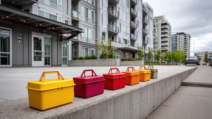 A row of colorful storage boxes sits on a concrete ledge in front of modern residential buildings, creating a vibrant urban scene.