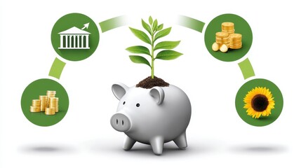 A piggy bank with a plant growing from it, symbolizing investment, growth, and sustainability, surrounded by coins and a sunflower.