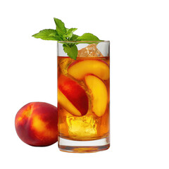 Peach iced tea in a tall glass with mint and ice