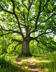 Fototapeta premium Majestic oak tree in a sunlit forest