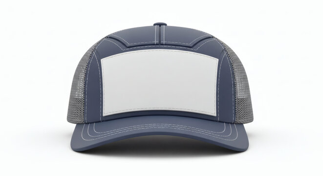 A blue and gray trucker hat with a white rectangular patch on the front, presented on a white background.