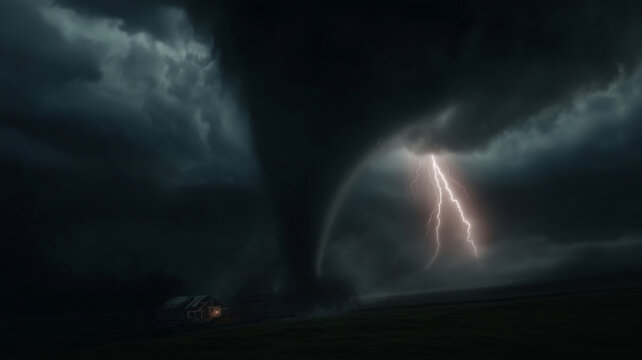 Destructive tornado with a massive funnel cloud and lightning during a storm - Powered by Adobe
