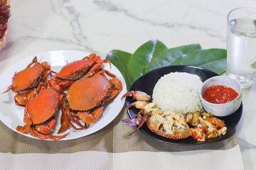 Steamed Mud Crabs on a Plate with Rice and Picked Steamed Crab Meat