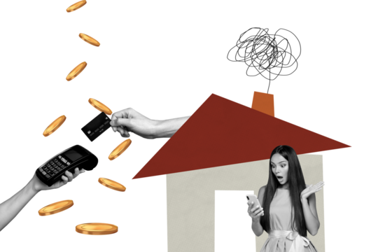 Composite trend artwork 3D image photo collage of omg face young lady hold smartphone pay money coins rent house real estate expensive