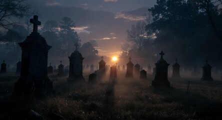 Sunrise over a misty graveyard with numerous tombstones