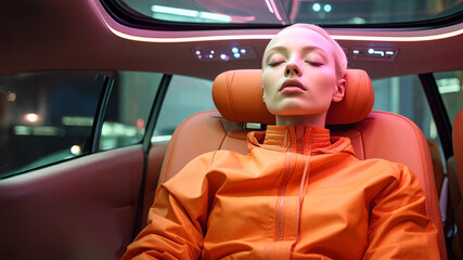 A passenger rests in a luxury autonomous vehicle. The image captures the comfort and serenity of future smart travel, highlighting private mobility and luxury transport.
