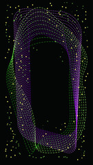 Neon green purple swirl line on black background. Optical illusion. Dots. New Innovation technology. Art trippy geometric digital backdrop. Tech card. Virtual reality.