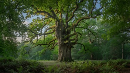 Obraz premium Majestic Oak Tree in a Lush Green Forest Landscape Image