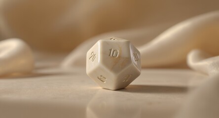 Twenty-sided die, beige marble effect, tabletop game, dice roll, gaming accessory, close-up studio shot, elegant design, luxury feel, game piece, chance, fortune, risk, gambling, abstract, textur