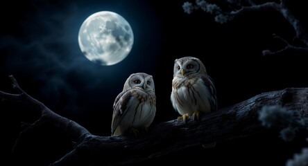 Two owls perched on a branch at night under a full moon