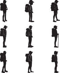 A collection of Hiker with backpack and trekking pole walking outdoor black and white silhouette vector illustration