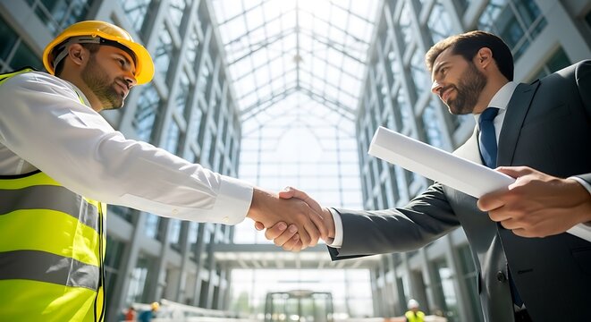 Construction worker and businessman handshake deal building project agreement Modern office background Teamwork collaboration success partnership