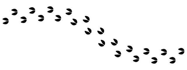 Simple trail of animal hoof prints. This black silhouette graphic shows the curved walking path of an animal with cloven hooves, such as a deer, horse, goat, or pig