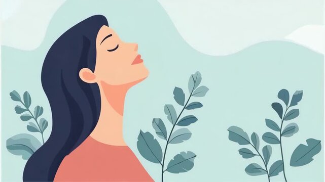 Woman doing breathing exercises with closed eyes, relaxing on nature. Calm girl enjoying fresh air, meditation with breathing, healthy yoga. Deep breath through nose illustration
