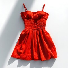 Red summer dress on white background, flat lay