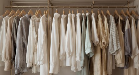 Wardrobe of Neutral-toned Shirts and Blouses Hanging on Wooden Hangers in a Minimalist Closet