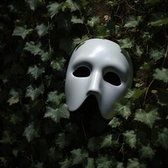 White Mask Hidden in Foliage, Mysterious Theater Costume, Dramatic Stage Prop, Halloween Decoration
