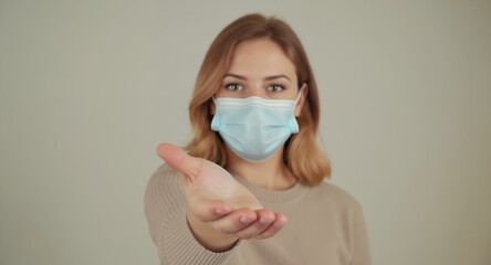 Woman in face mask offering help, open hand gesture, healthcare, safety, protection, prevention