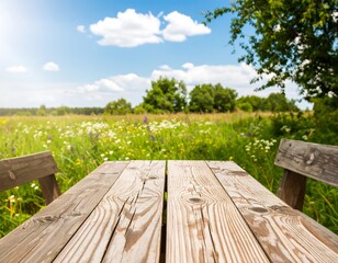 Wooden table in a meadow, outdoor scene