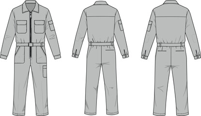 Gray coverall technical drawing, fashion garment illustration, industrial workwear design, front back side view, detailed pockets, collared neckline, long sleeves, full length pants, belt waist