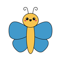 Butterfly icon. Flying blue color insect. Cute bug. Cartoon kawaii funny baby animal character. Smiling face. Baby kids collection. Childish style. Flat design. White background. Isolated. Vector