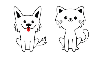 Cat and dog set. Puppy kitten face head line contour silhouette icon. Doodle animal pet icon. Cute kawaii cartoon funny character. Adopt concept. Sticker print, Flat design. White background. Vector