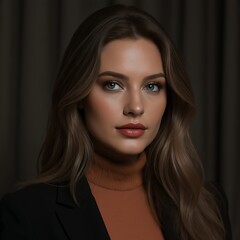Woman with long brown hair, wearing a black jacket and turtleneck, portrait, studio shot, beauty, fashion, elegant, sophisticated, professional, model, girl, female, face, eyes, hair, makeup, sty