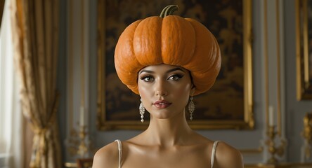 Woman with pumpkin headwear, autumn fashion, halloween costume, elegant portrait, creative photoshoot, fall season