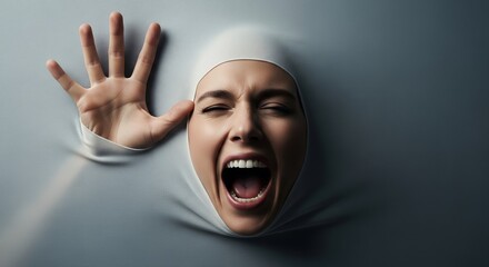 Womans face emerging from fabric, screaming, hand reaching out, dramatic, tension, stress, fear, anxiety, emotional, expressive, portrait, studio shot, close-up, high-resolution, contemporary art