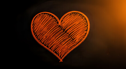 An orange heart drawn with lines on a black background with a warm light source on the right