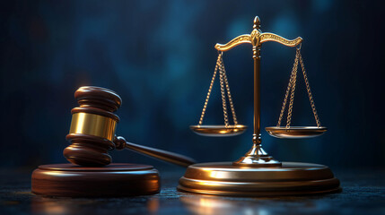A wooden judge's gavel on a round stand and a scale. Justice and legal proceedings, balance and fairness.